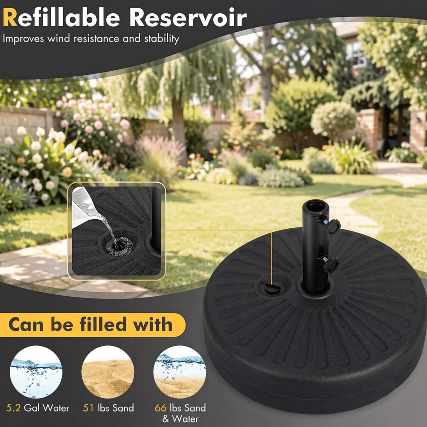 Biotree 19.5 Inch Fillable Round Umbrella Base Stand for Yard Garden Poolside-Black - Heavy Duty Outdoor Patio Stand