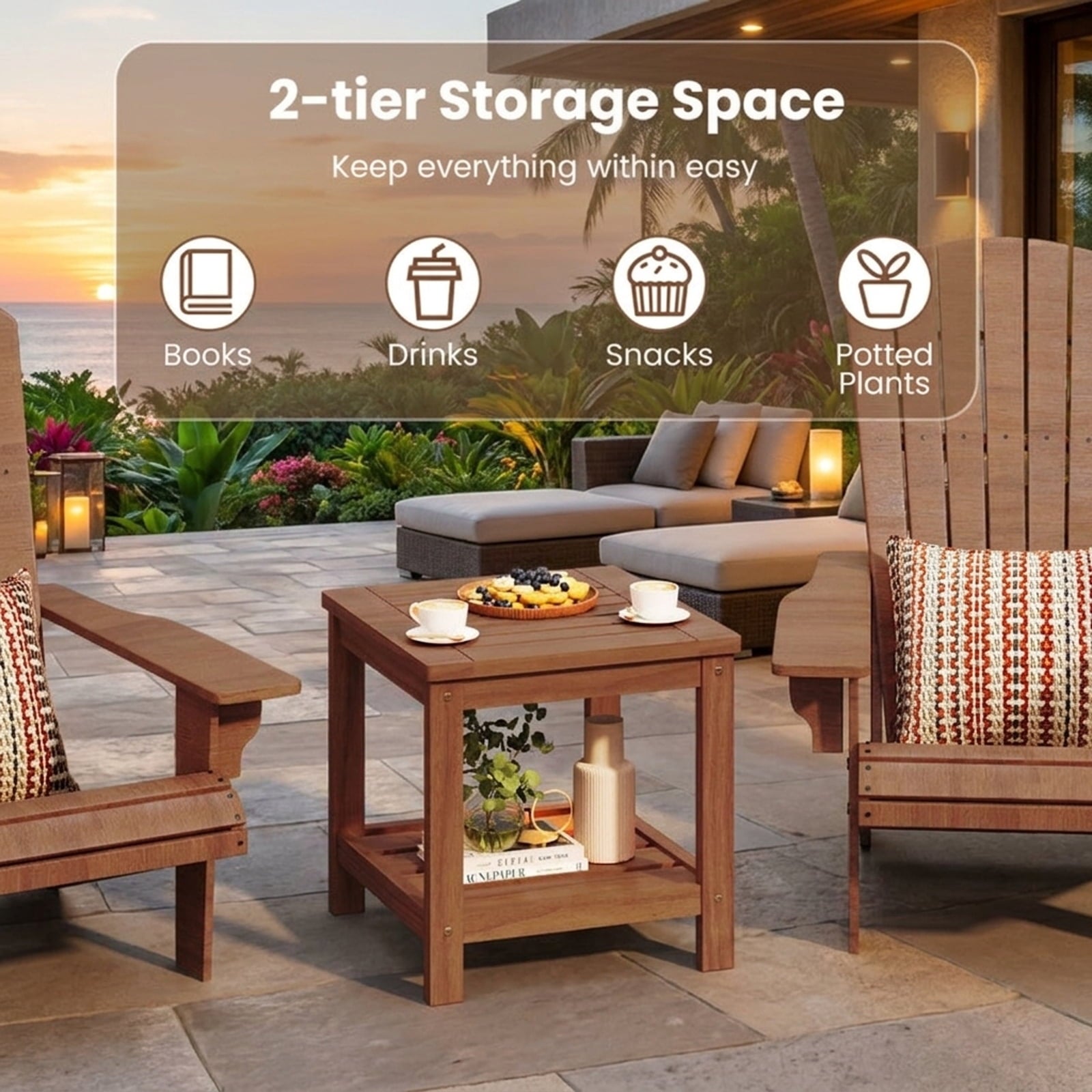 Biotree 2-Tier Outdoor Side Table with Storage Shelf for Patio, Natural
