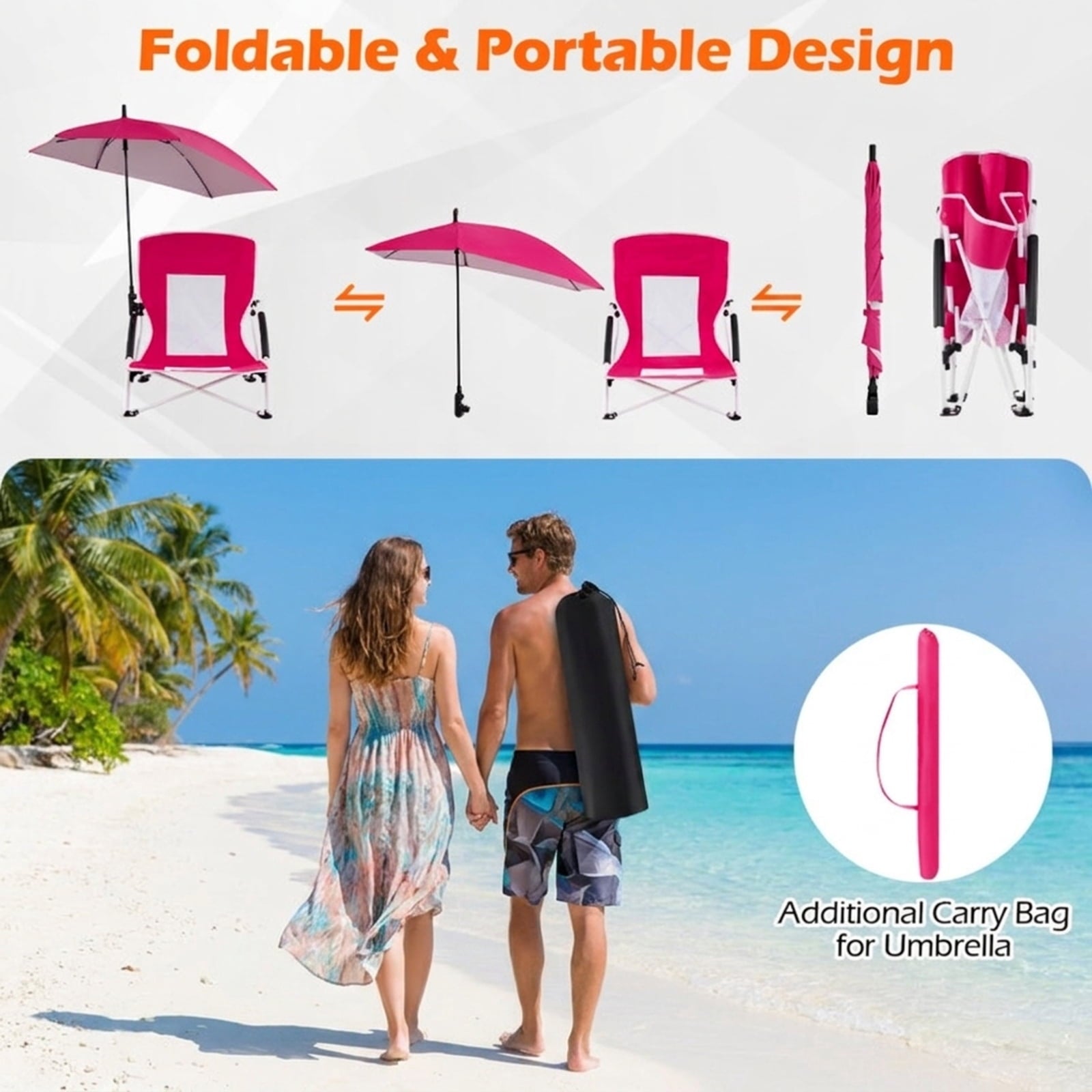 Biotree 2 Pack Beach Umbrella Chair for Adults with Adjustable Parasol Stackable Patio Chair for Garden BackyardPink