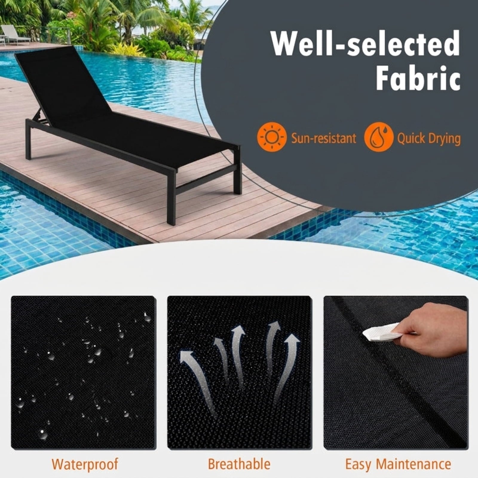 Biotree 6-Position Chaise Lounge Chairs with Rustproof Aluminium Frame Stackable Patio Chair for Garden BackyardBlack