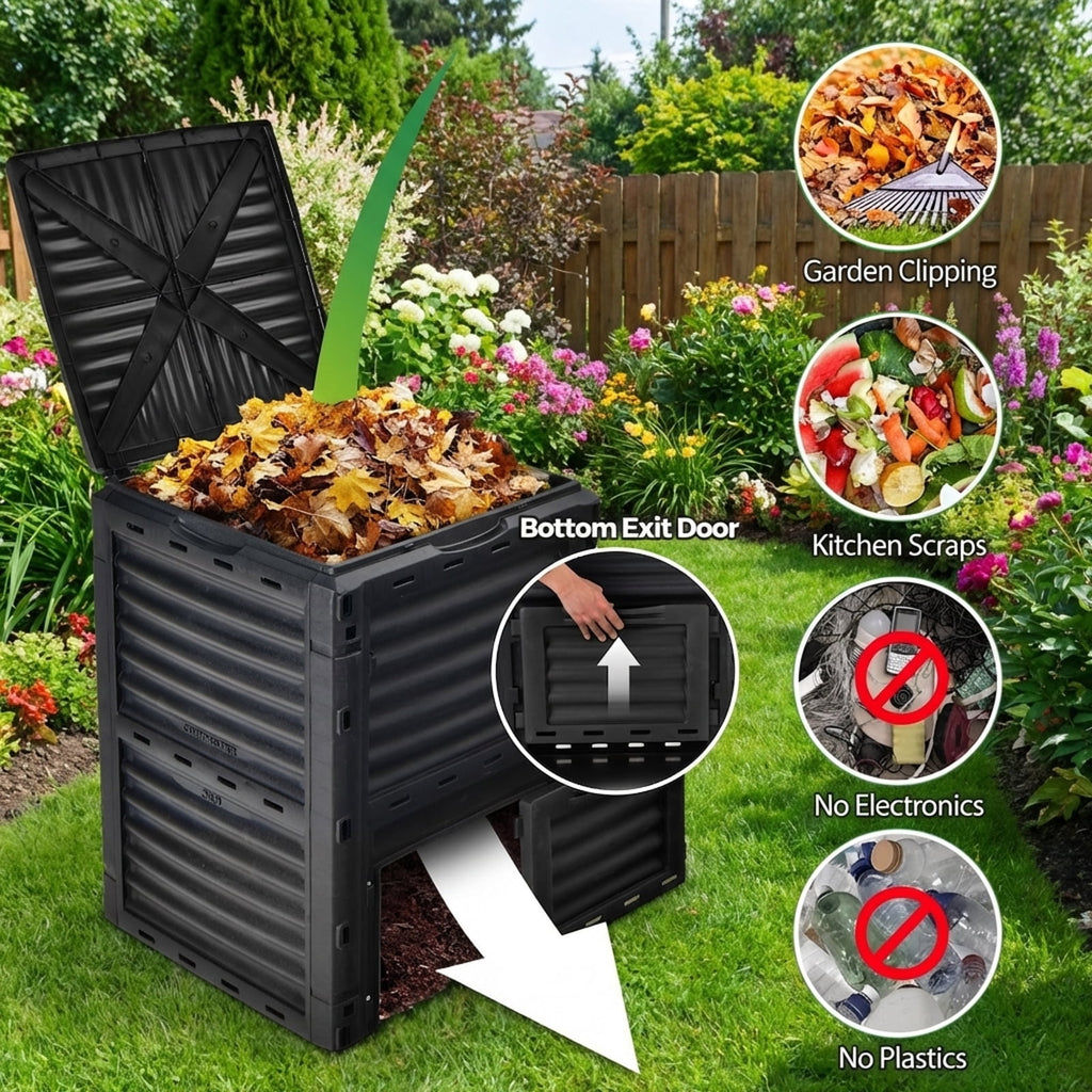 Biotree 80-Gallon Outdoor Composter with Large Openable Lid and Bottom Exit Door-Black Garden Organic