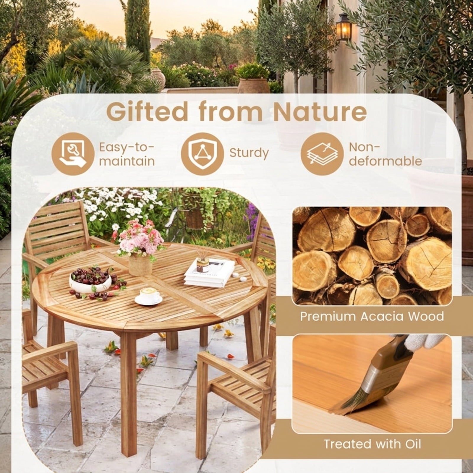 Biotree 53 Inch Outdoor Acacia Wood Dining Table for 4-6 People with 2" Umbrella Hole, Natural