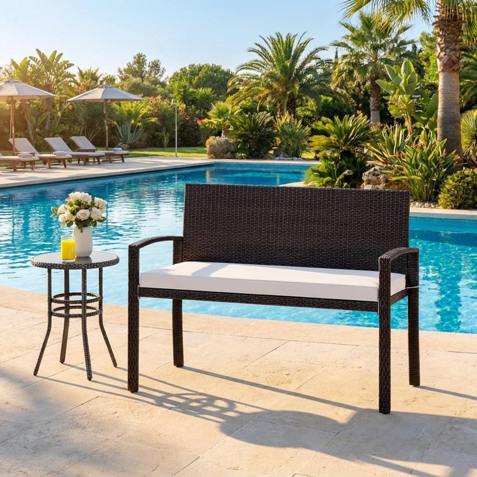 Biotree Wicker 2-Seat Bench with Soft Seat Cushion and Metal Frame Stackable Patio Chair for Garden BackyardWhite
