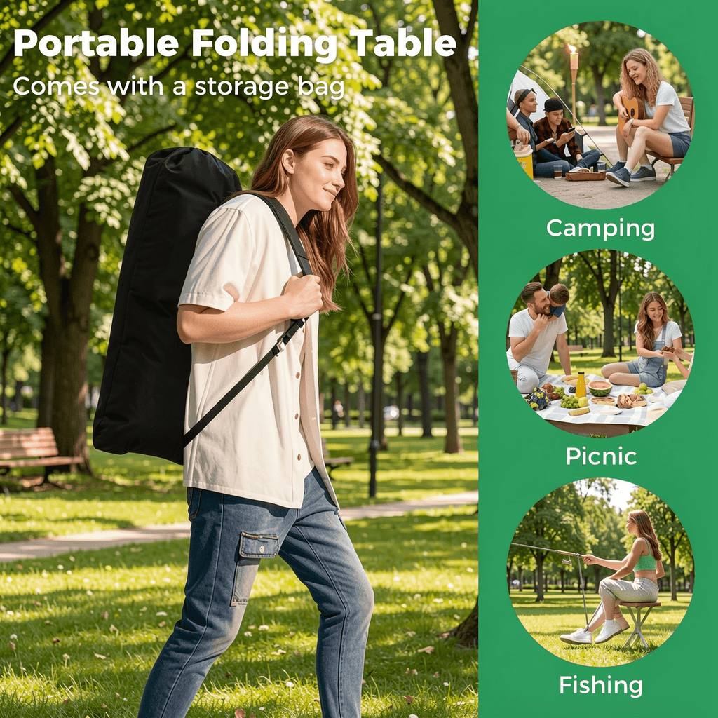 Biotree Patio Folding Camping Table with Roll-Up Tabletop and Mesh Basket Portable Outdoor Table with Storage, Black