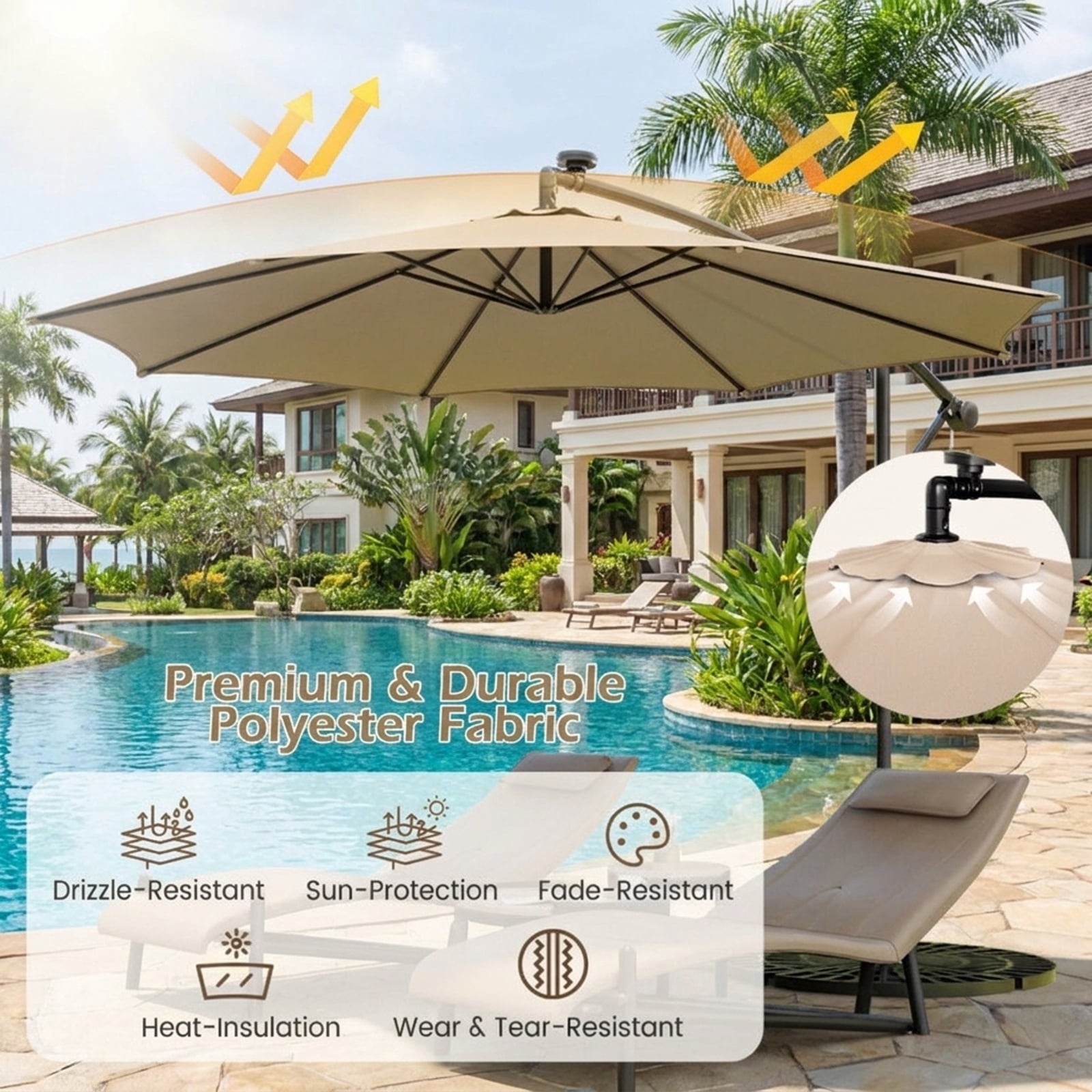 Biotree 10 ft Cantilever Offset Patio Umbrella Solar LED Lights Outdoor Shade - Beige - UV Protection