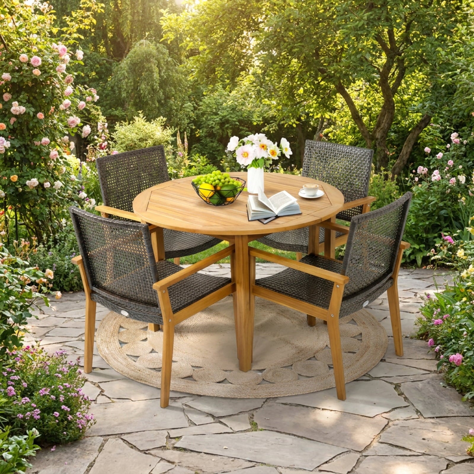 Biotree Set of 4 Outdoor Rattan Chair with Sturdy Acacia Wood Frame-Set of 4 Stackable Patio Chair for Garden BackyardMix Brown