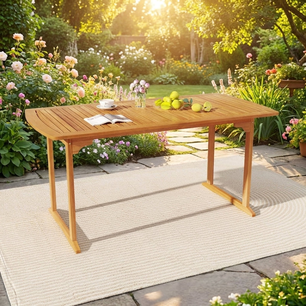 Biotree 63 inch Outdoor Dining Table with Umbrella Hole and Slatted Tabletop, Natural