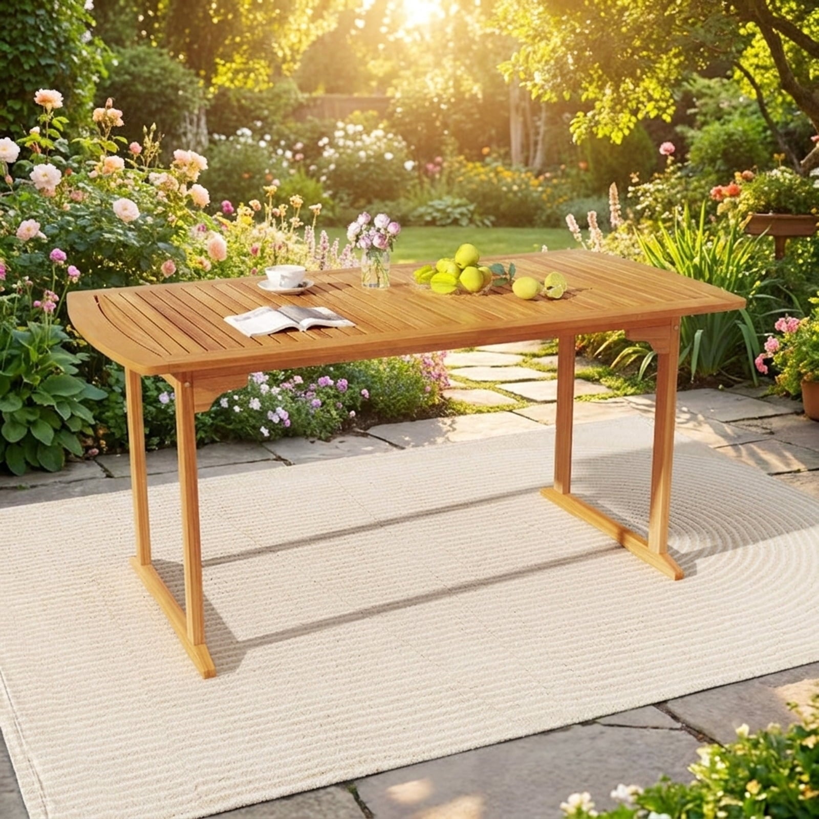 Biotree 63 inch Outdoor Dining Table with Umbrella Hole and Slatted Tabletop, Natural