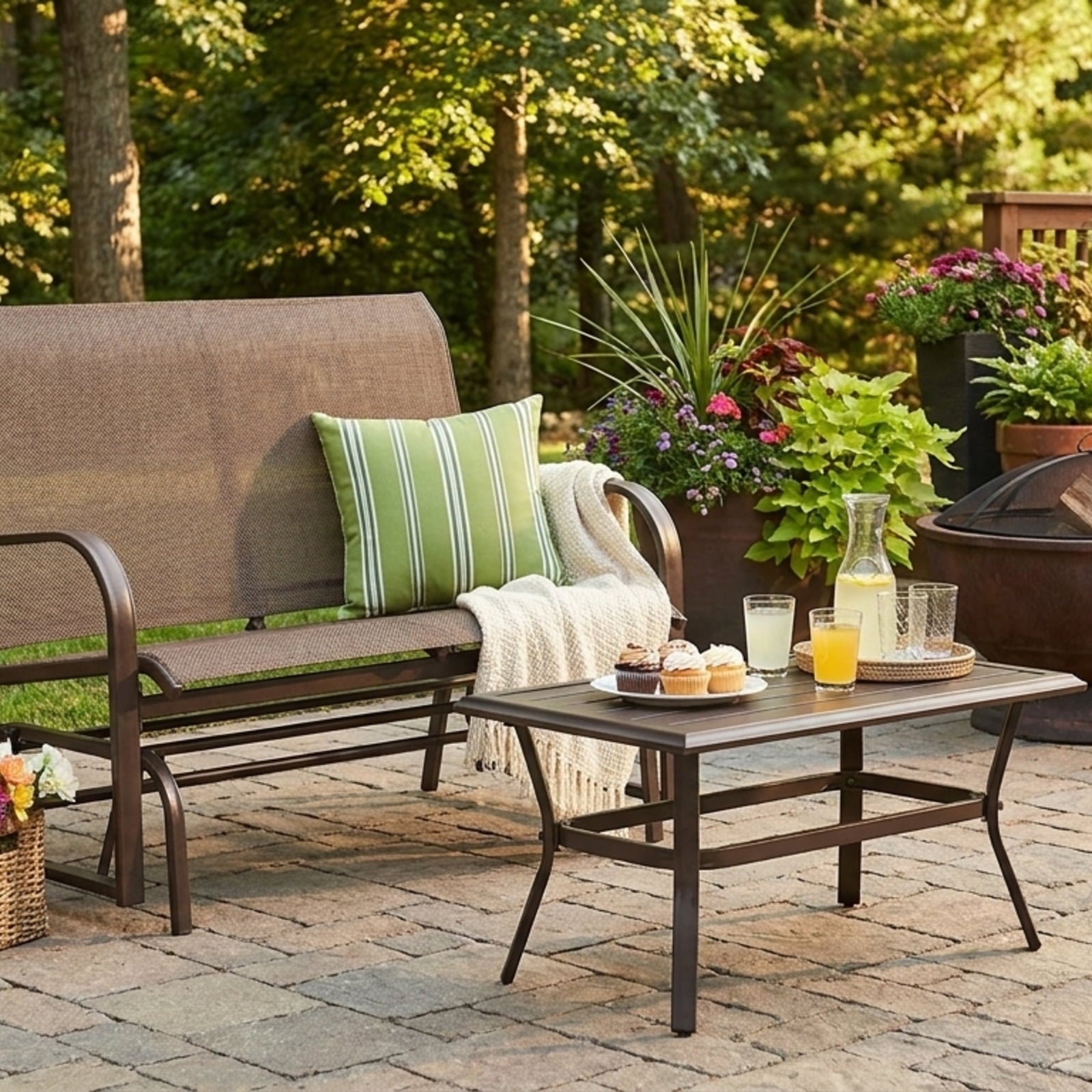Biotree 2-Person Patio Glider Bench with High Back and Curved Armrests Stackable Patio Chair for Garden BackyardBrown