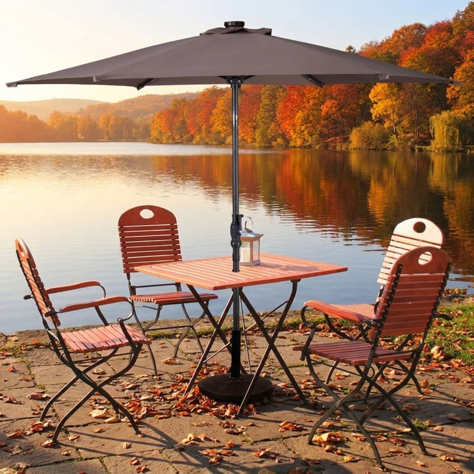 Biotree 9 ft Solar LED Market Patio Umbrella with Crank and Tilt, 6 Sturdy Ribs, Vented Canopy - Blue