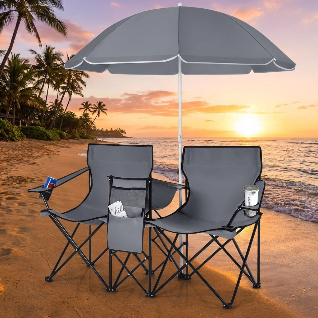 Biotree Double Camping Chair with Removable Umbrella Portable Folding Loveseat with Cooler Bag and Cup Holders for Beach Picnic, Gray