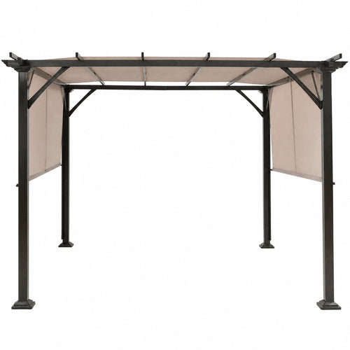 Biotree 10 x 10 Ft Outdoor Pergola Gazebo with Dual Retractable Canopy, Powder-Coated Steel Patio Shelter for Backyard and Poolside, Beige
