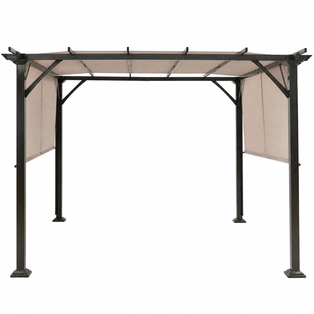 Biotree 10 x 10 Ft Outdoor Pergola Gazebo with Dual Retractable Canopy, Powder-Coated Steel Patio Shelter for Backyard and Poolside, Beige