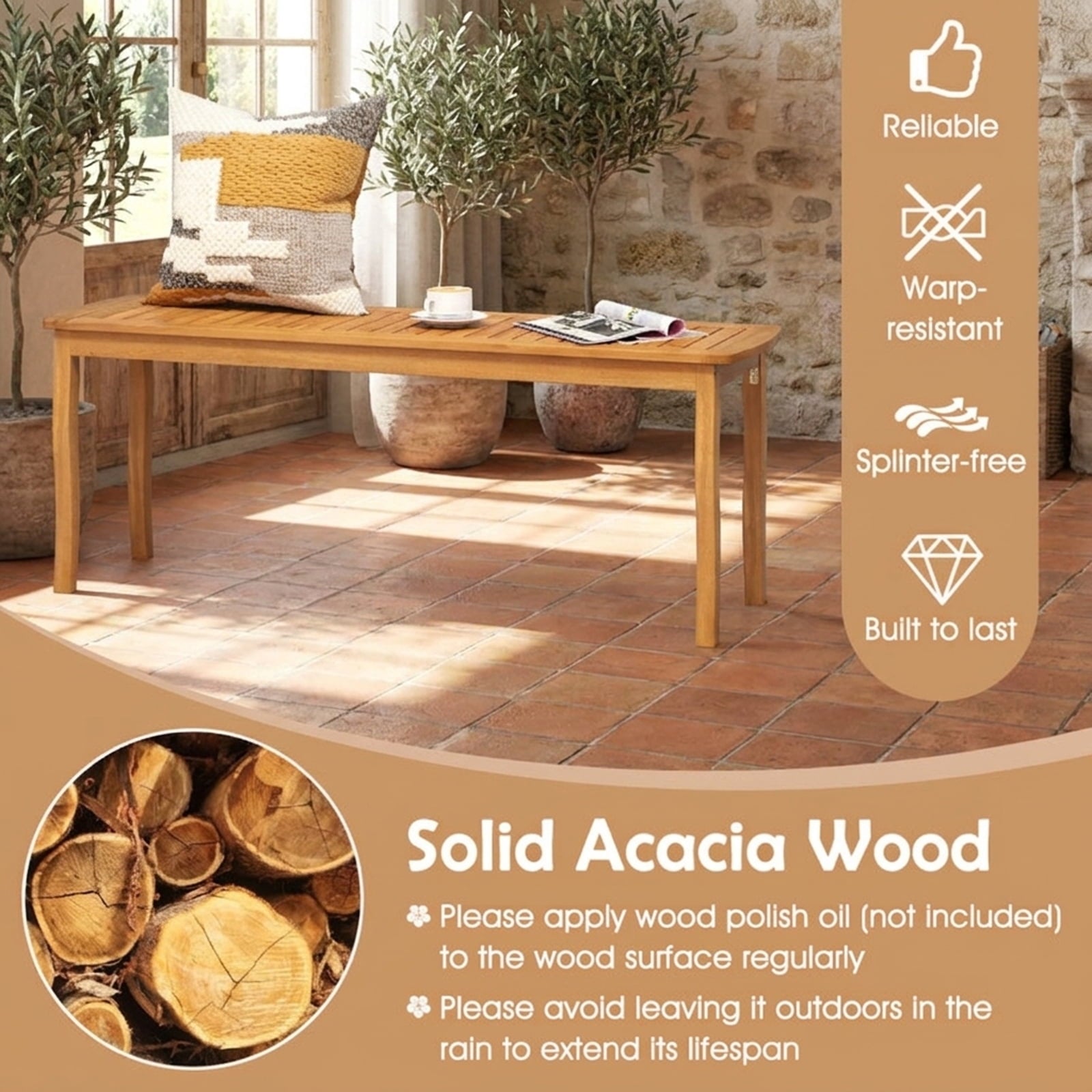 Biotree Acacia Wood Outdoor 48 Long Patio Dining Bench-2 Pieces Stackable Patio Chair for Garden BackyardNatural