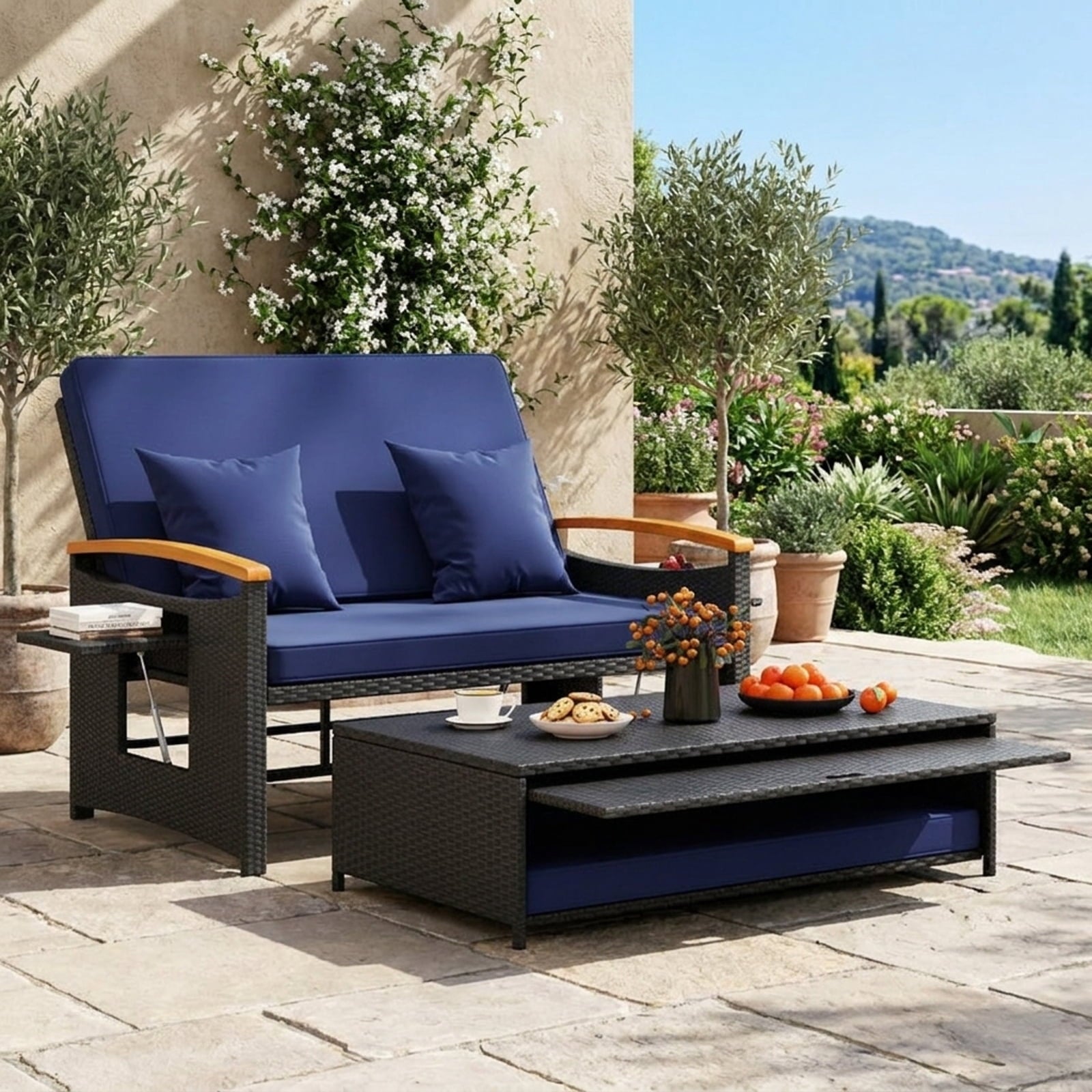 Biotree Outdoor Wicker Daybed with Folding Panels and Storage Ottoman Stackable Patio Chair for Garden BackyardDark Blue