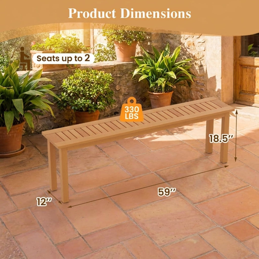 Biotree Outdoor 59 Inch Long Patio Dining Backless Wooden Bench with Teak Oil Finish Stackable Patio Chair for Garden BackyardNatural