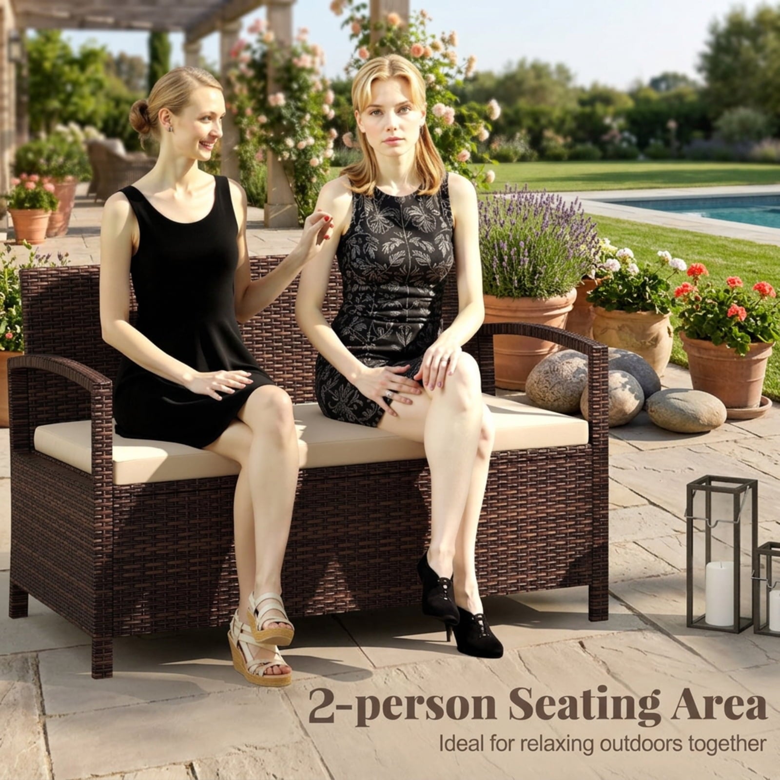 Biotree Outdoor PE Wicker Storage Bench 2 Seater with Cushion and 42 Gallon Deck Box Stackable Patio Chair for Garden BackyardBeige