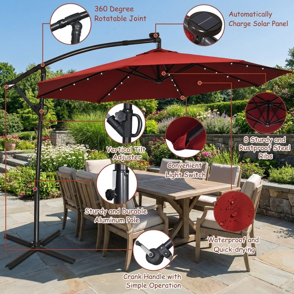 Biotree 10 ft Solar Offset Hanging Umbrella with 40 LED Lights Cross Base Included 180G Polyester Canopy for Patio Outdoor - Beige
