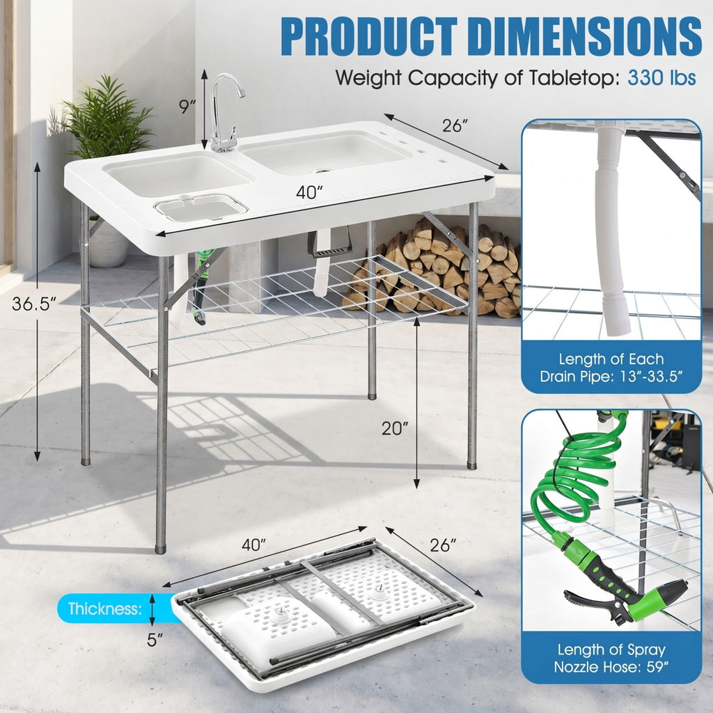 Biotree 2-in-1 Folding Fish Cleaning Table with Sink and Faucet Portable Fish Fillet Station for Outdoor Fishing, White
