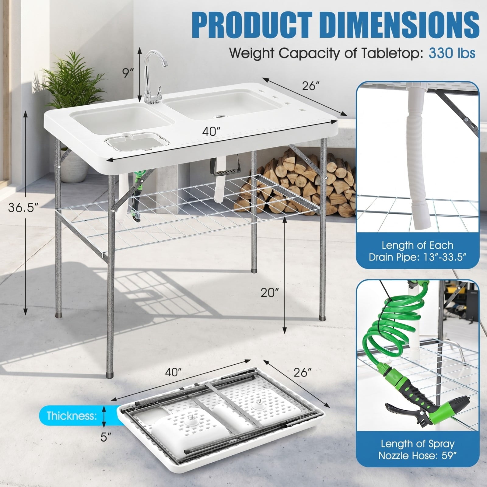 Biotree 2-in-1 Folding Fish Cleaning Table with Sink and Faucet Portable Fish Fillet Station for Outdoor Fishing, White