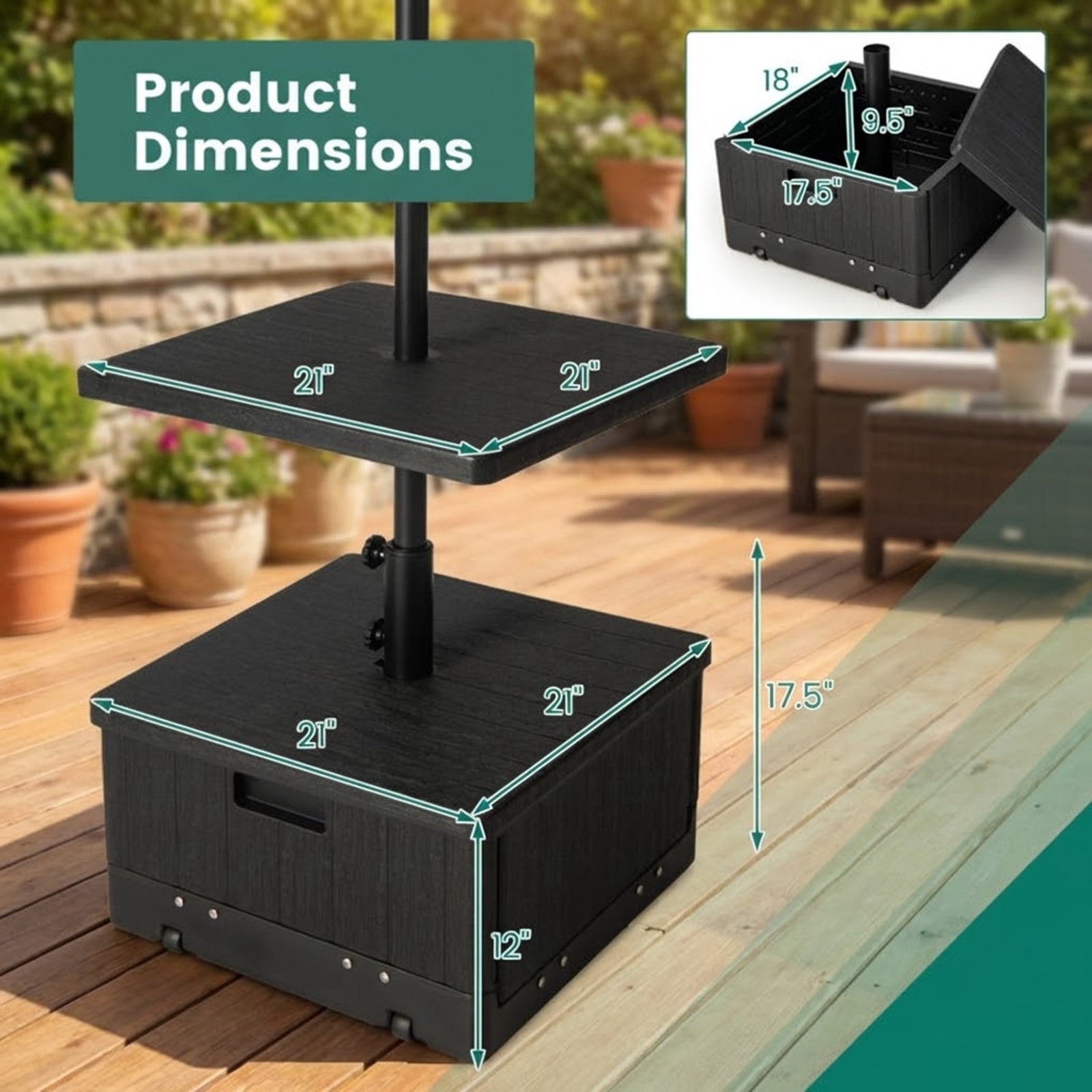 Biotree 175 LBS Outdoor Fillable Umbrella Base with Table Tray-Black - Heavy Duty Outdoor Patio Stand