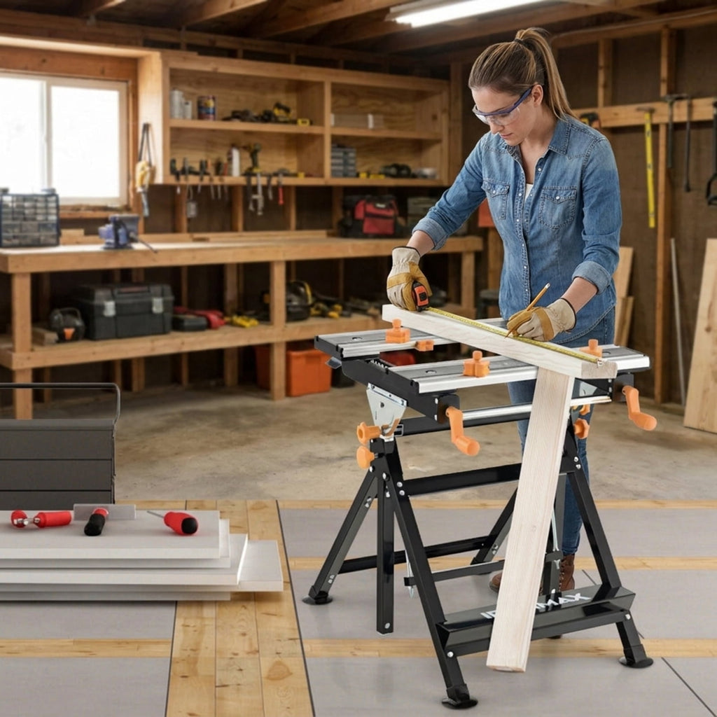 Biotree Folding Work Table with Tiltable Platform and 7-level Adjustable Height for Garage Workshop Home DIY Projects, Black