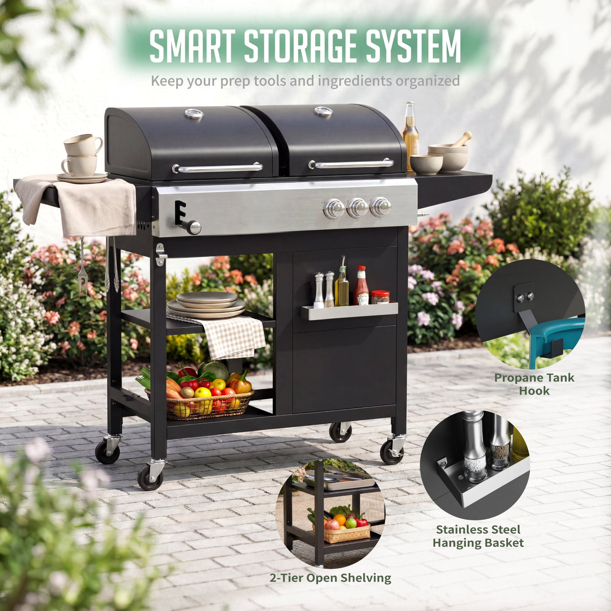 Biotree 3-Burner Gas and Charcoal Grill Combo, Dual Fuel 54,000 BTU BBQ Propane Grill with Side Burner for Backyard BBQ, Outdoor Cooking & Camping