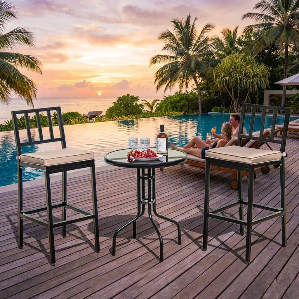 Biotree Set of 2 Patio Bar Chairs with Detachable Cushion and Footrest, Black - Outdoor Patio Bar Height Chair with Footrest