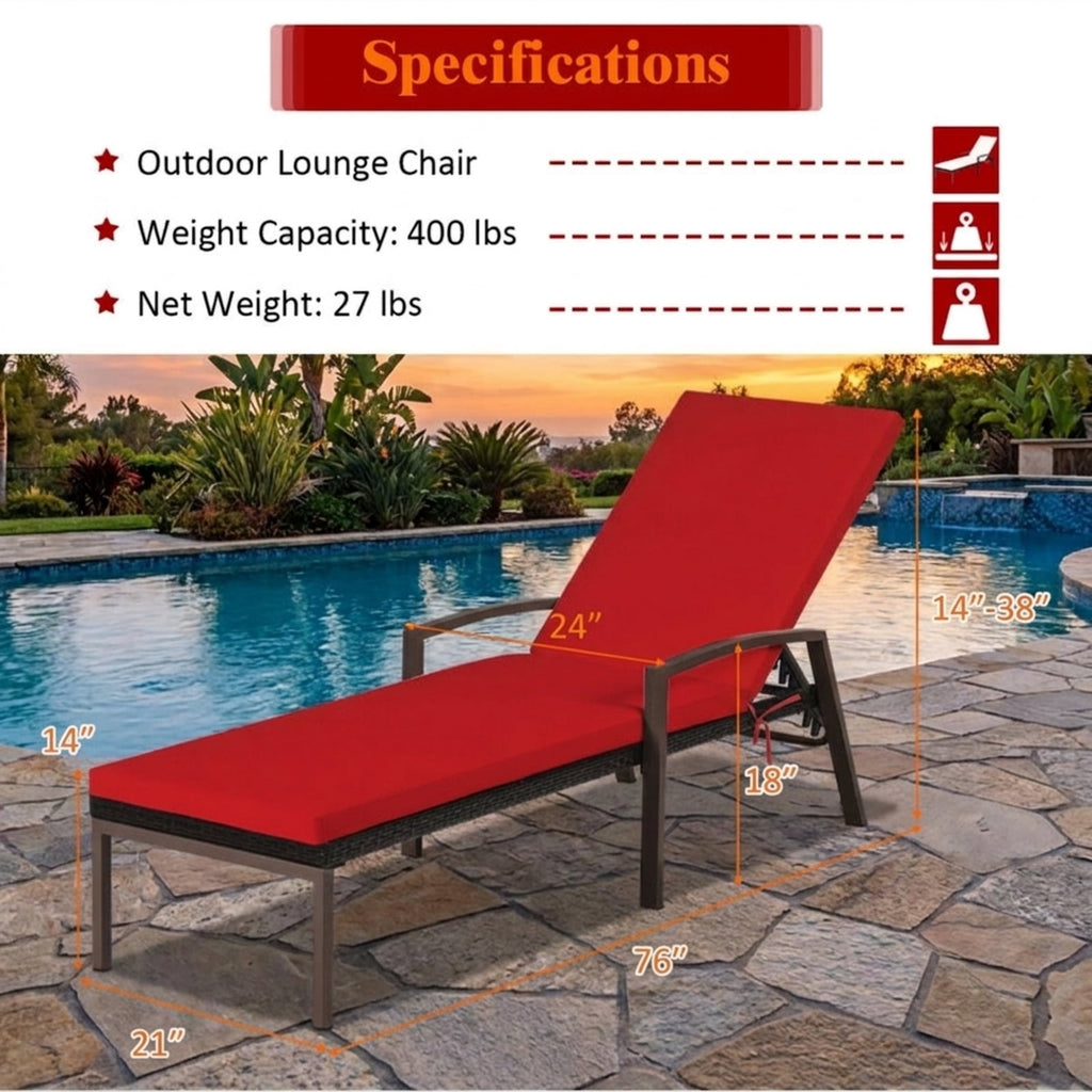 Biotree Patio Rattan Lounge Chaise Recliner with Back Adjustable Cushioned Stackable Patio Chair for Garden BackyardRed