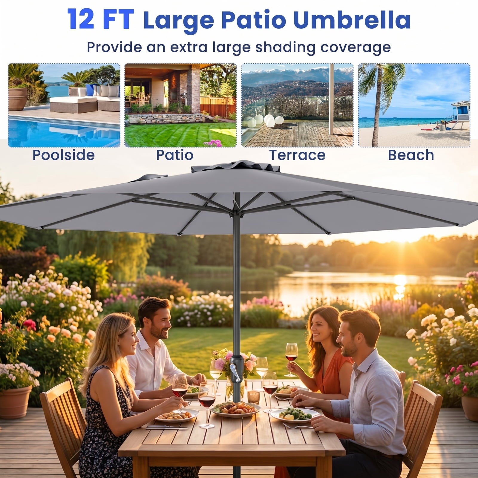 Biotree 12 ft Market Patio Umbrella with Crank and Tilt, 8 Sturdy Ribs, Vented Canopy - Gray for Backyard