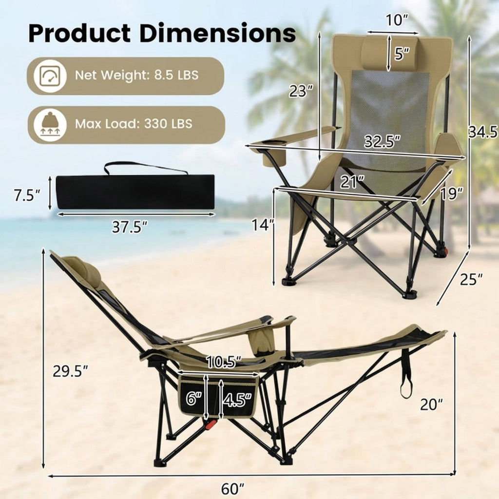 Biotree Reclining Camping Chair with Removable Footrest 4-Position Adjustable Backrest Portable Folding Outdoor Lounge Chair, Green