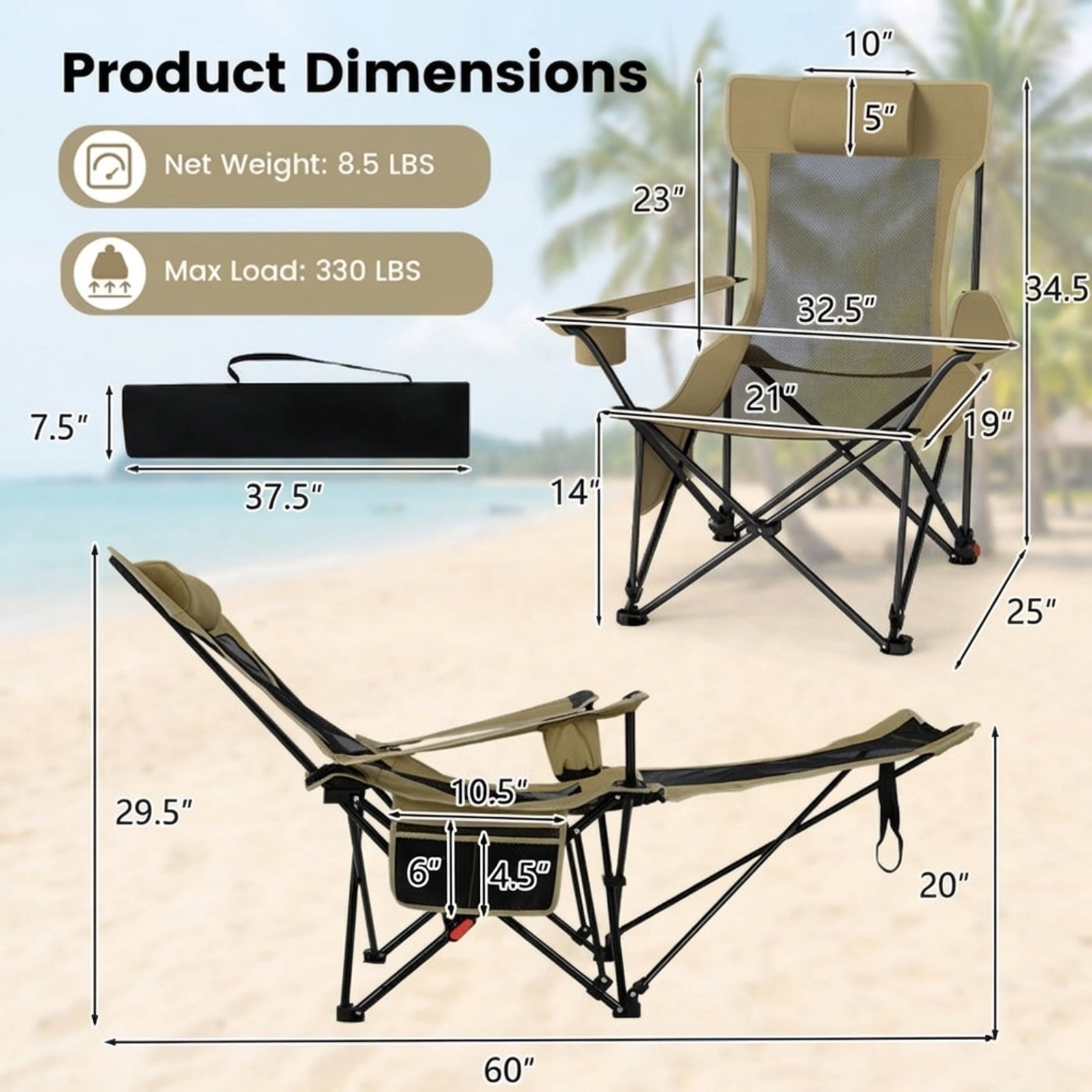 Biotree Reclining Camping Chair with Removable Footrest 4-Position Adjustable Backrest Portable Folding Outdoor Lounge Chair, Green