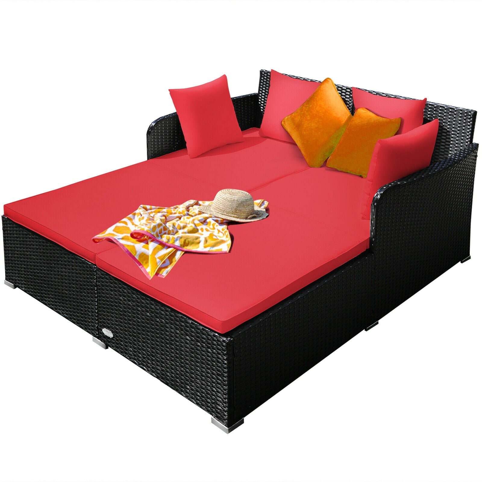 Biotree Outdoor Rattan Daybed with Cushions and Pillows-Red