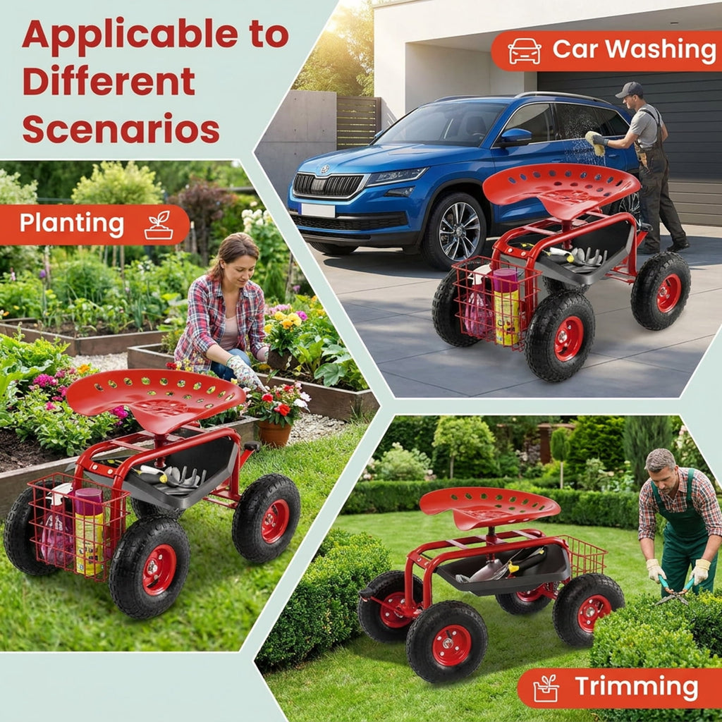 Biotree 4-Wheel Rolling Garden Cart Work Seat for Garden Yard Lawn Work Outdoor, Red