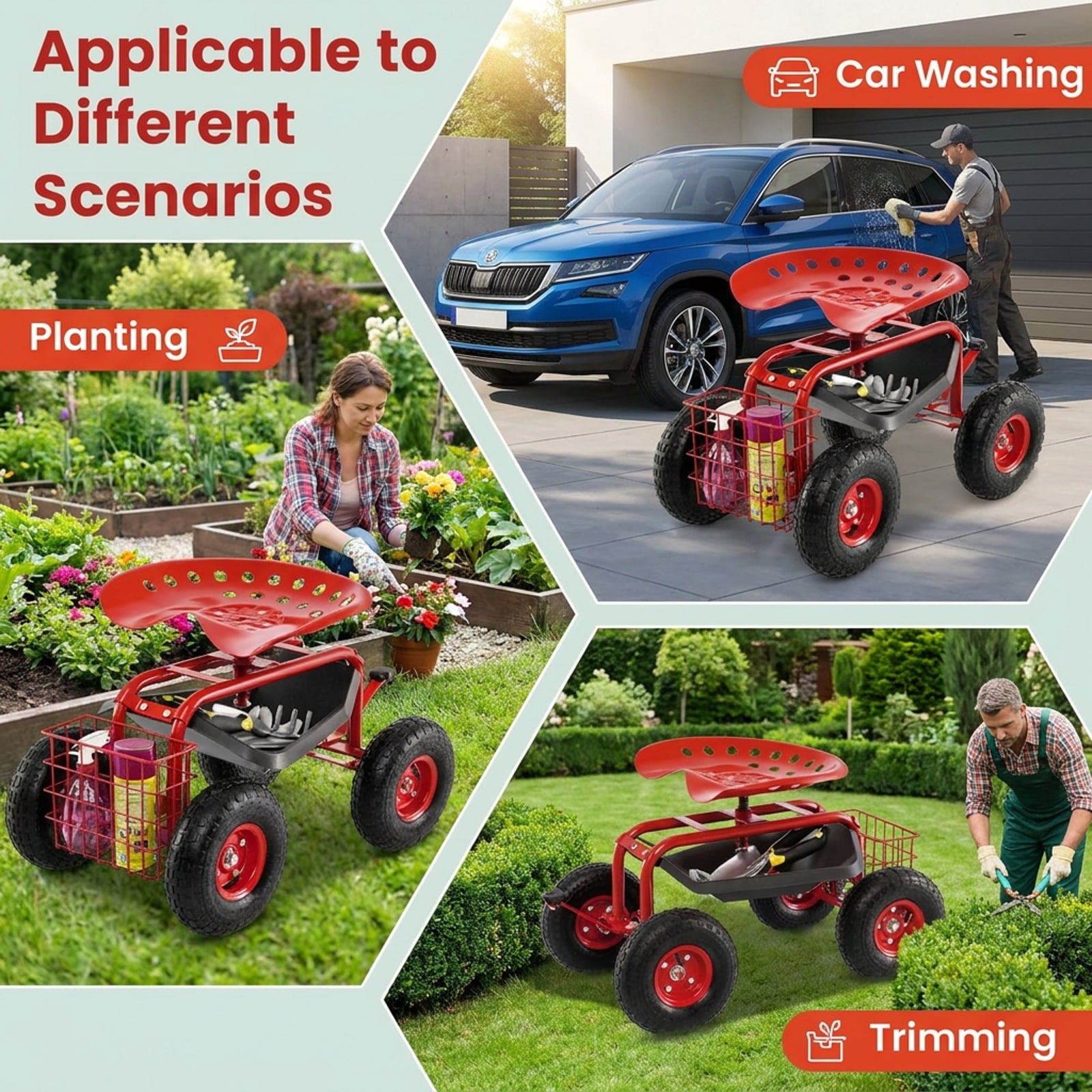 Biotree 4-Wheel Rolling Garden Cart Work Seat for Garden Yard Lawn Work Outdoor, Red