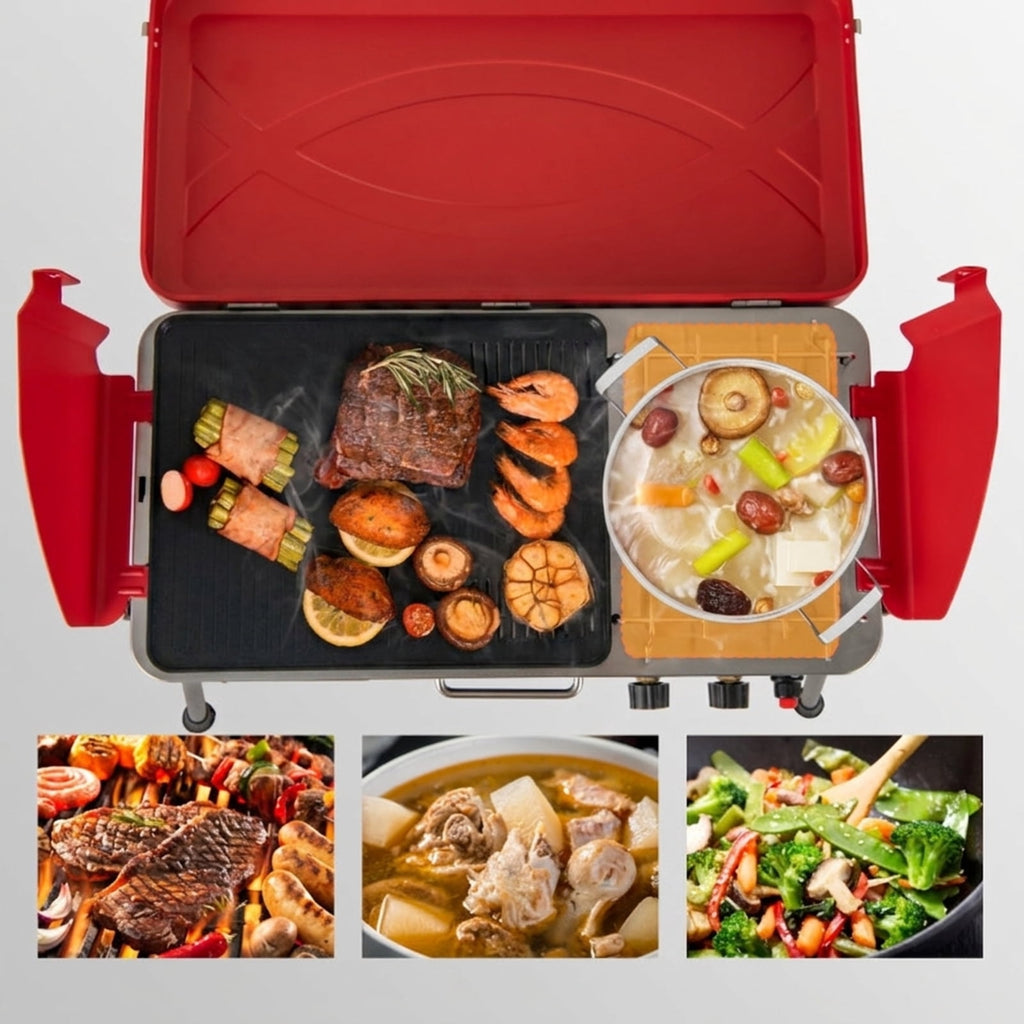 Biotree 2-in-1 Portable Gas Camping Grill and Stove, 20,000 BTU Propane Tabletop BBQ Grill, Foldable Camp Stove with Detachable Legs for Camping Picnic Backyard Red