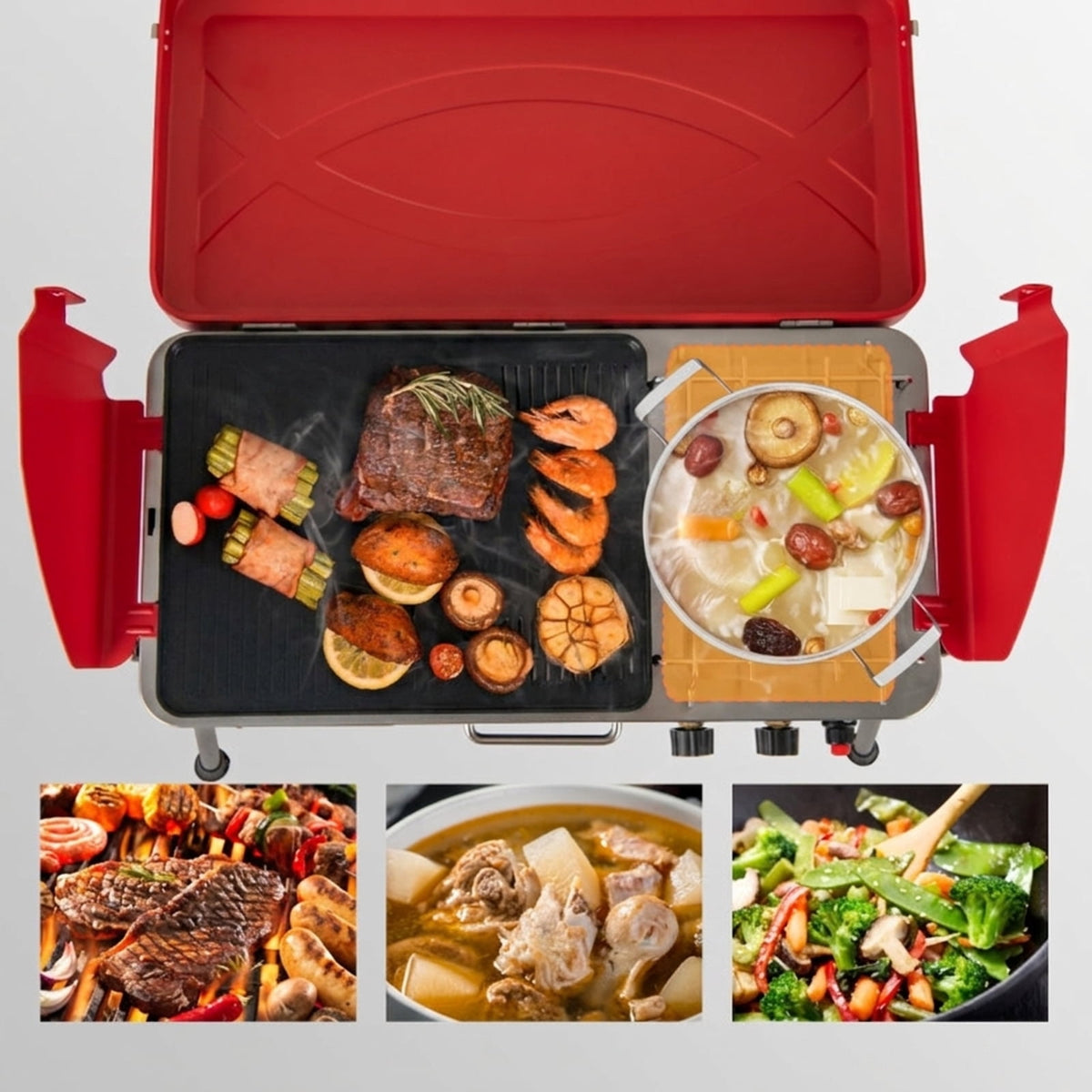 Biotree 2-in-1 Portable Gas Camping Grill and Stove, 20,000 BTU Propane Tabletop BBQ Grill, Foldable Camp Stove with Detachable Legs for Camping Picnic Backyard Red