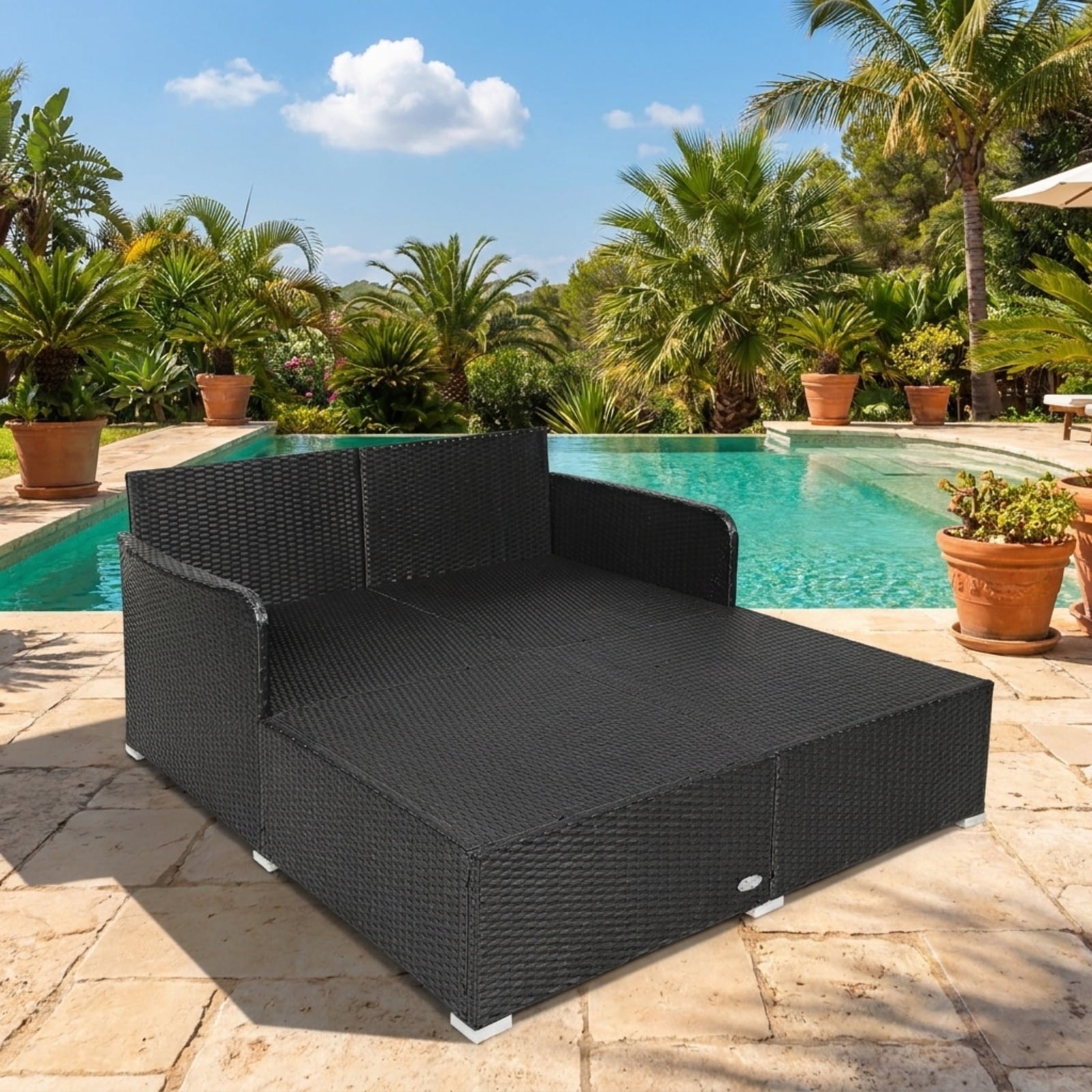 Biotree Spacious Outdoor Rattan Daybed with Upholstered Cushions and Pillows Outdoor Conversation Set for Garden Backyard PorchWhite