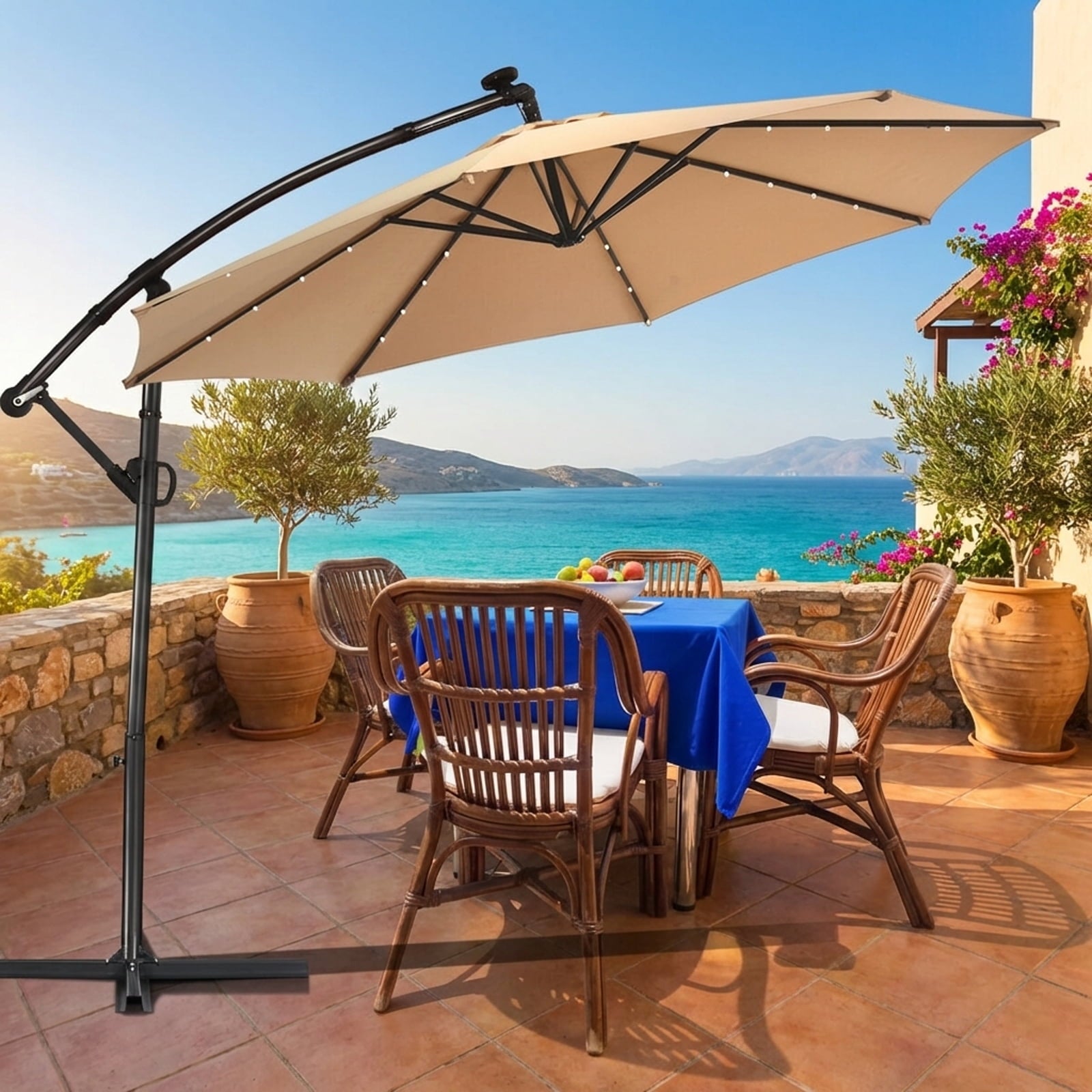 Biotree 10 ft 360¡ã Rotation Solar Powered LED Patio Offset Umbrella without Weight Base-Beige Outdoor