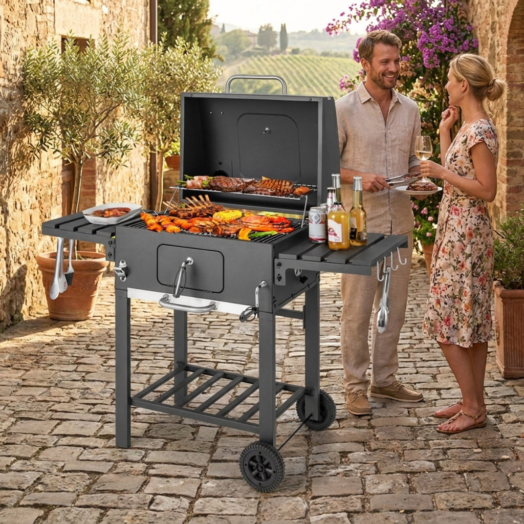 Biotree Outdoor BBQ Charcoal Grill with Folding Side Tables, Portable Charcoal BBQ Smoker on Wheels, Charcoal Grill Cooker with Thermometer for Backyard Patio Camping Black