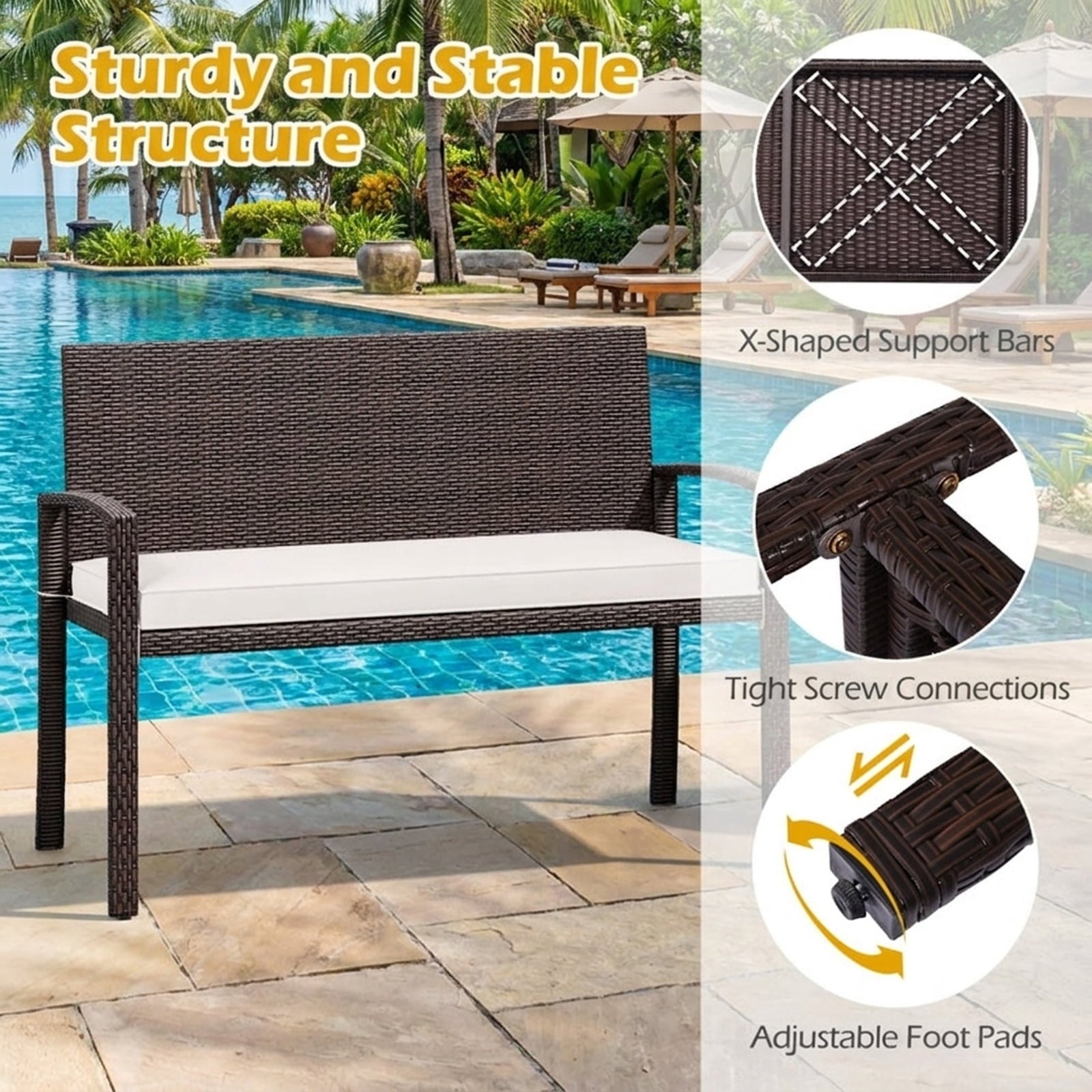 Biotree Wicker 2-Seat Bench with Soft Seat Cushion and Metal Frame Stackable Patio Chair for Garden BackyardWhite