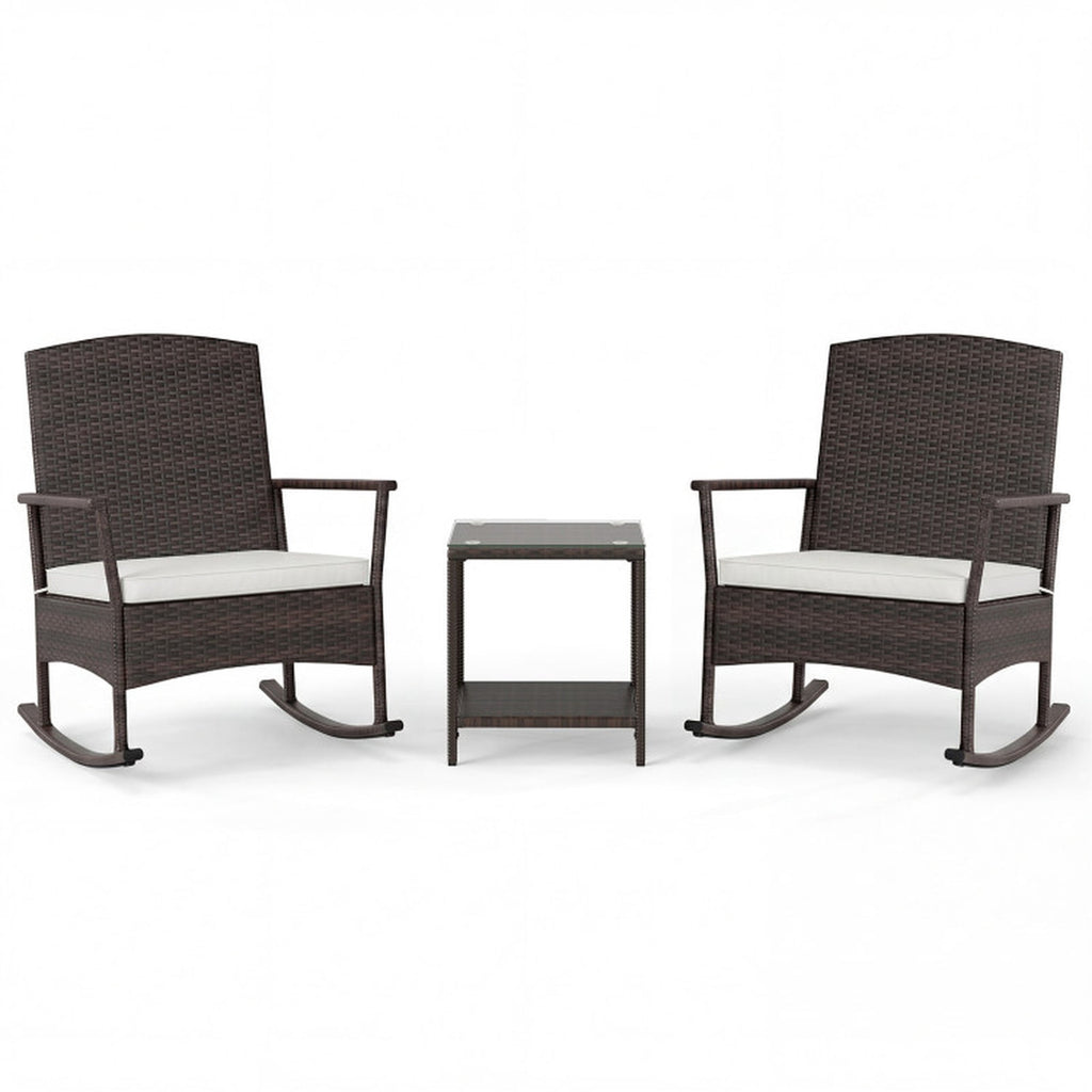 Biotree 3 Piece Patio Rocking Set Wicker Rocking Chairs with 2-Tier Coffee Table Outdoor Conversation Set for Garden Backyard PorchOff White
