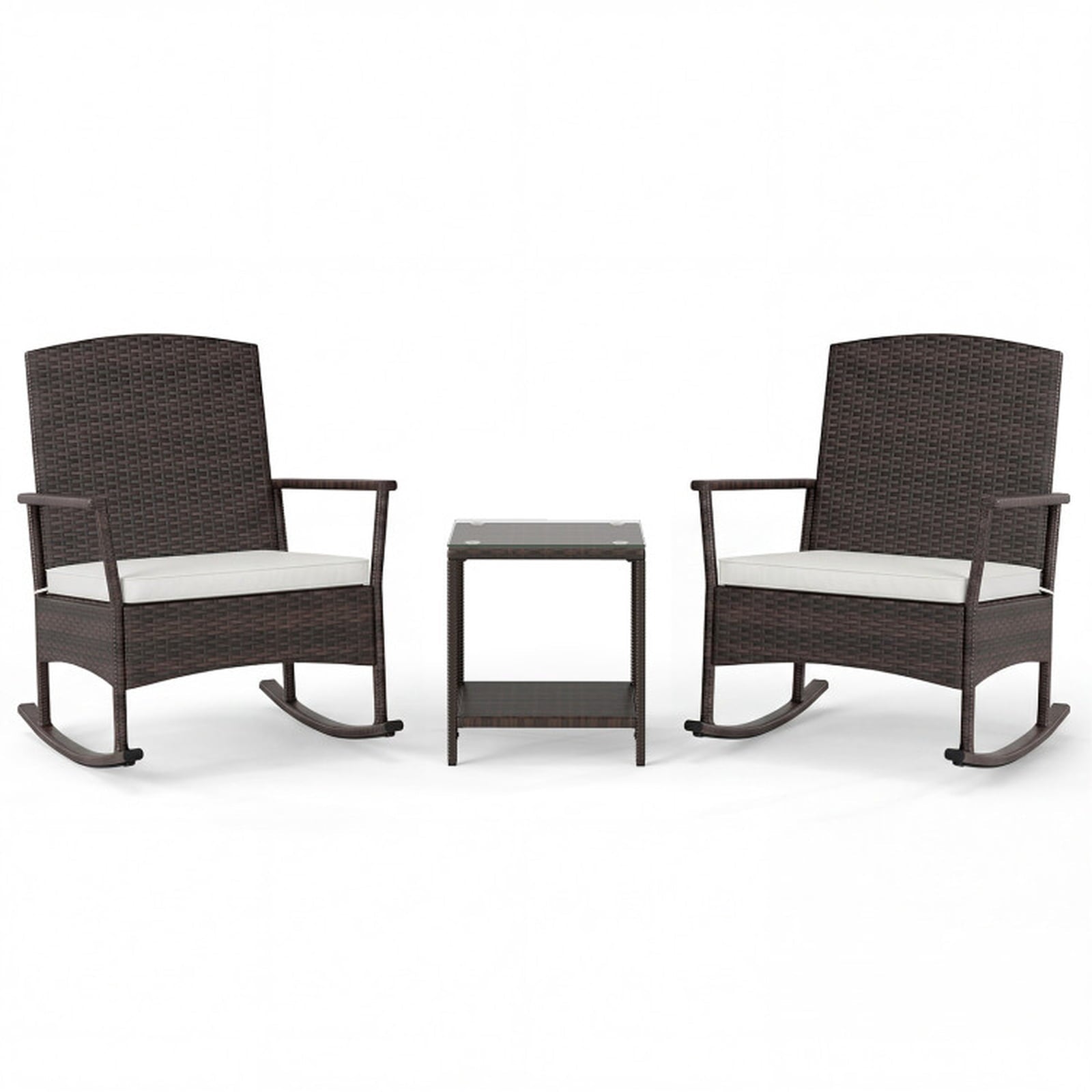 Biotree 3 Piece Patio Rocking Set Wicker Rocking Chairs with 2-Tier Coffee Table Outdoor Conversation Set for Garden Backyard PorchOff White