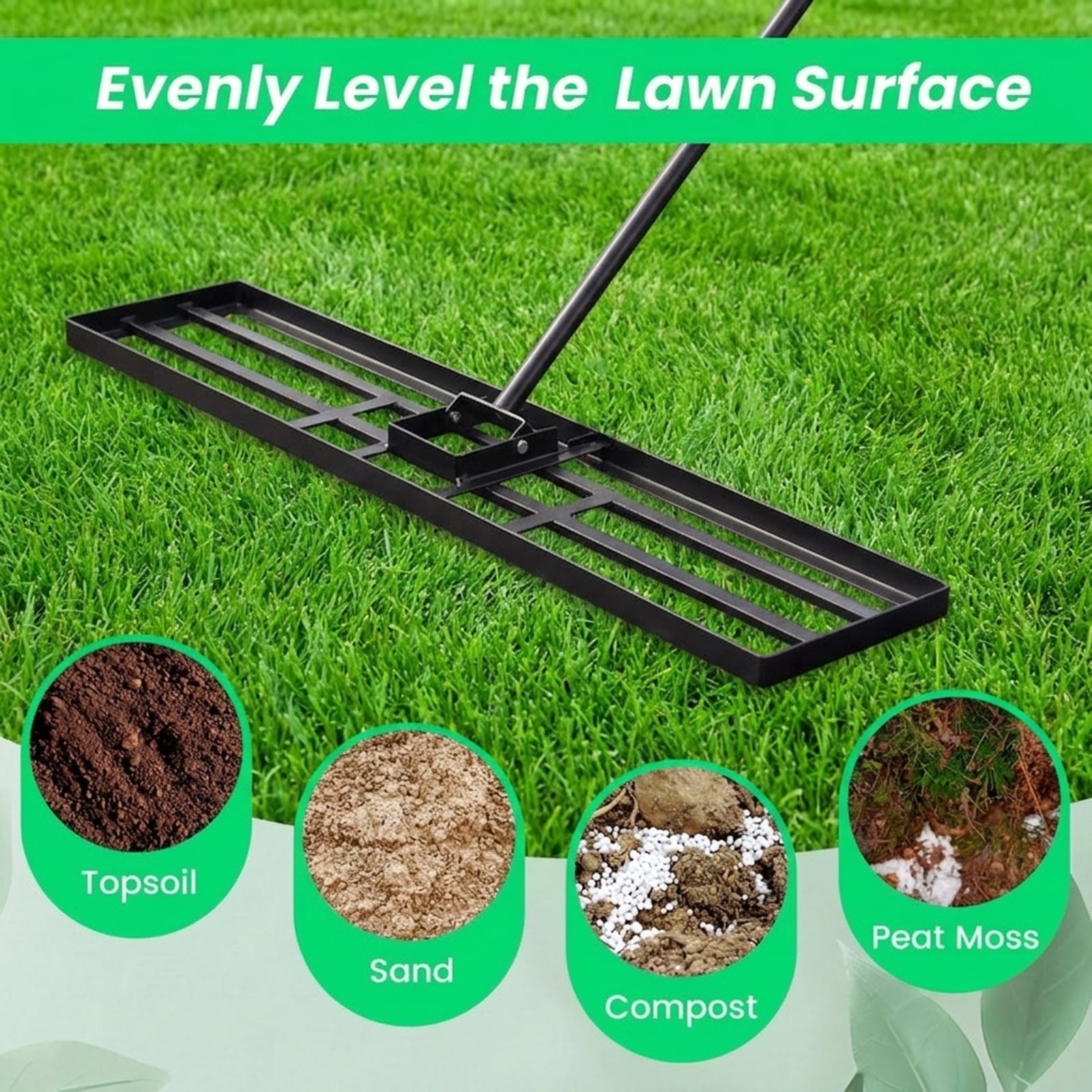 Biotree 42 x 10 Inch Lawn Leveling Rake with Ergonomic Handle for Lawn Garden Yard Soil Care, Black