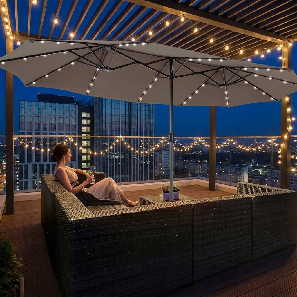 Biotree 15 Feet Double-Sided Patio Umbrella with 48 LED Lights-Brown Outdoor Backyard Deck Garden Pool