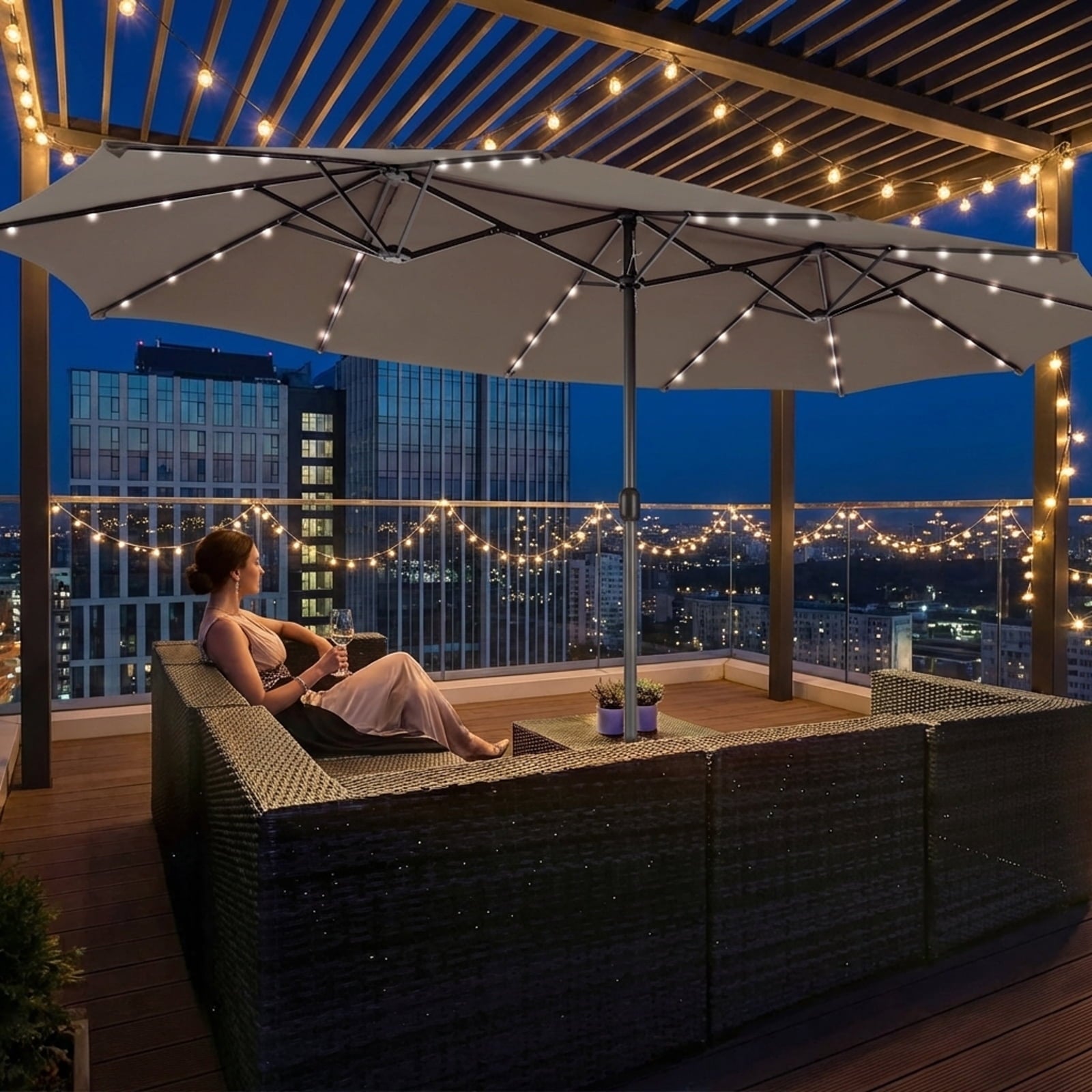 Biotree 15 Feet Double-Sided Patio Umbrella with 48 LED Lights-Brown Outdoor Backyard Deck Garden Pool