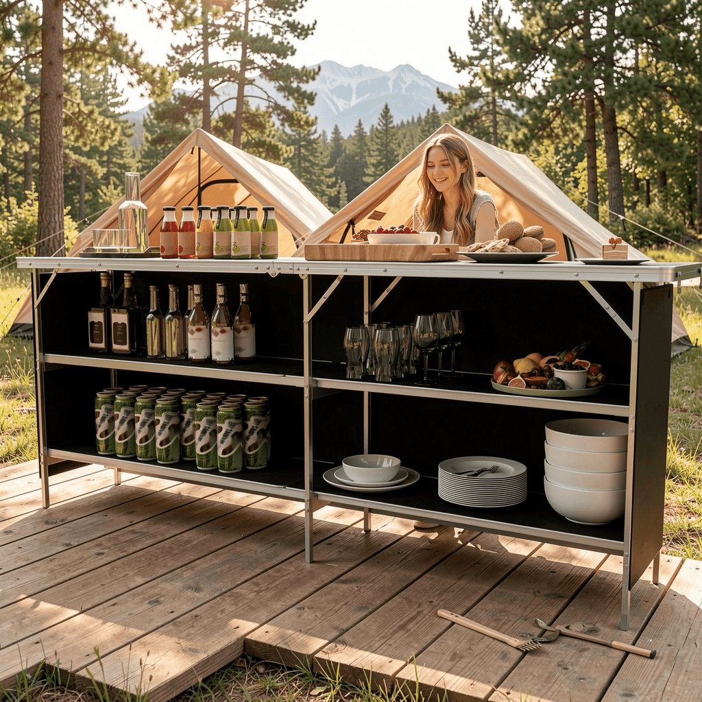 Biotree Aluminum Portable Folding Picnic Table with 2-Tier Open Shelves for Camping and Outdoor Dining, Black