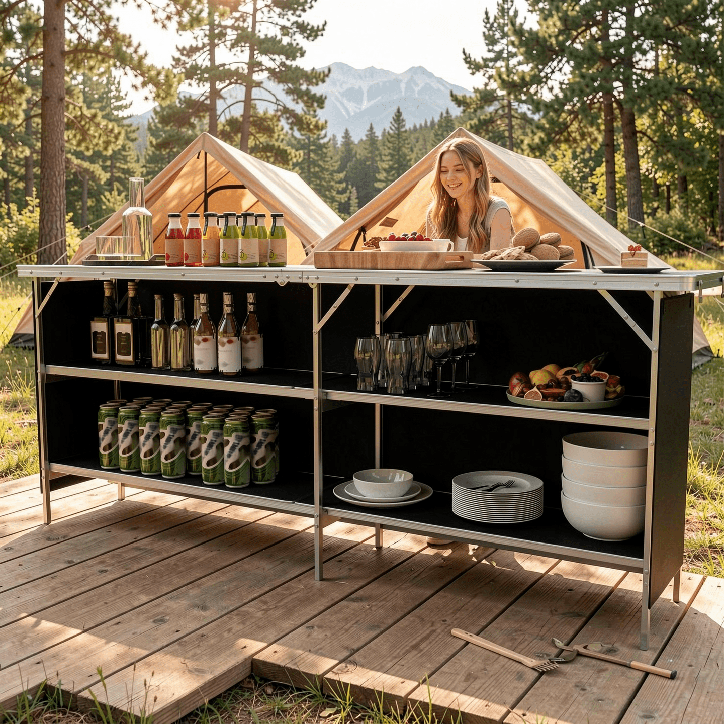 Biotree Aluminum Portable Folding Picnic Table with 2-Tier Open Shelves for Camping and Outdoor Dining, Black
