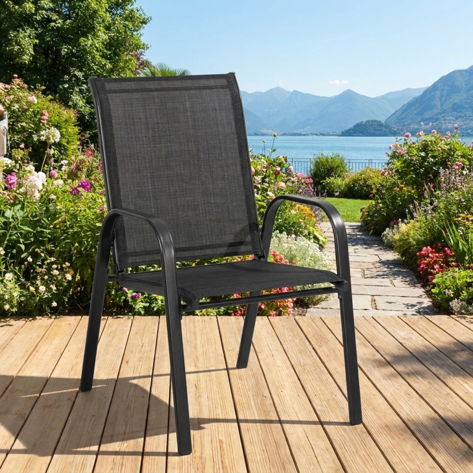 Biotree 2 Pcs Patio Outdoor Dining Chair with Armrest Stackable Patio Chair for Garden BackyardBlack