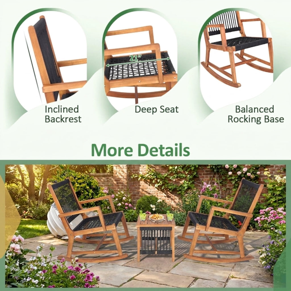Biotree 3 Pieces Acacia Wood Rocking Bistro Set Outdoor Conversation Set for Garden Backyard PorchBlack and Natural